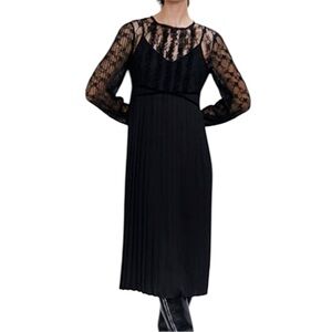 ZARA BLACK LACE PLEATED MIDI DRESS SZ XS